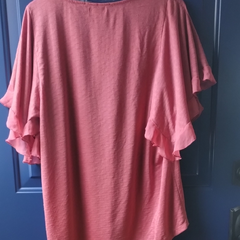 ONE WORLD Pink Flutter Sleeve Blouse with Ruffled Details - Picture 3 of 7